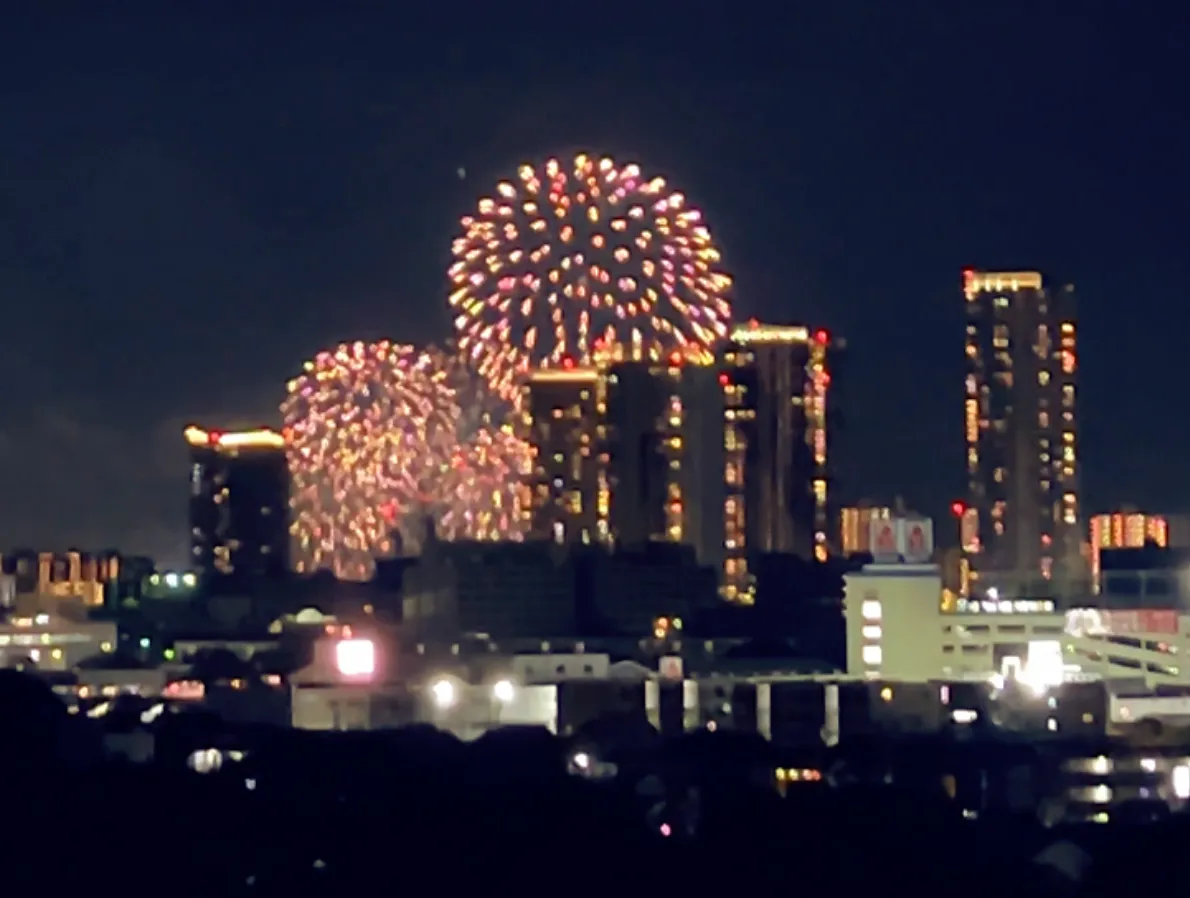 7階相当の西側から望む花火（2026年5月撮影・SBI舞花火 in 千葉・稲毛海浜公園）